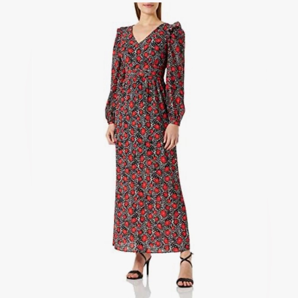 NAF NAF Red and Black Floral V-Neck Maxi Dress NWT